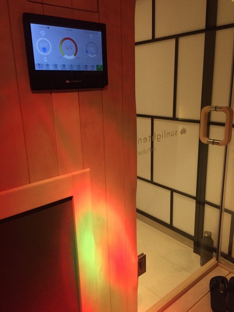 Inside an Infrared Sauna with Temperature gauge