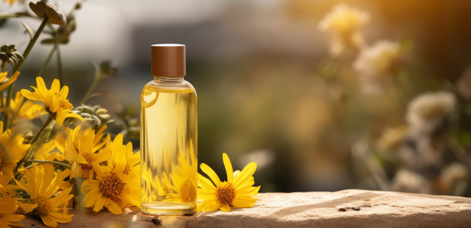 Bottle of arnica oil beside yellow arnica flowers