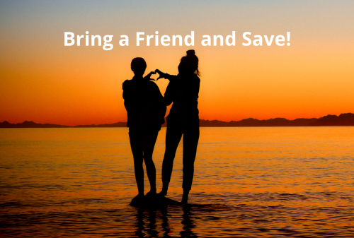 Silhouettes of two friends forming a heart with their hands against an orange sunset, with the text Bring a Friend and Save!