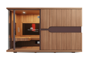Sunlighten mPulse infrared sauna cabin with cedar-toned wood panels and a glass front