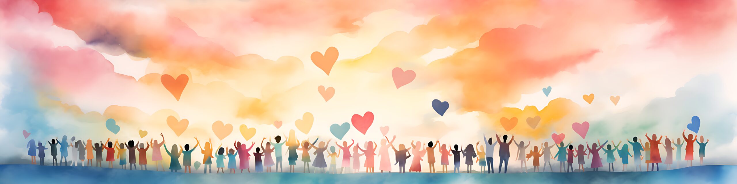 Watercolor illustration of a crowd raising their arms beneath colorful hearts