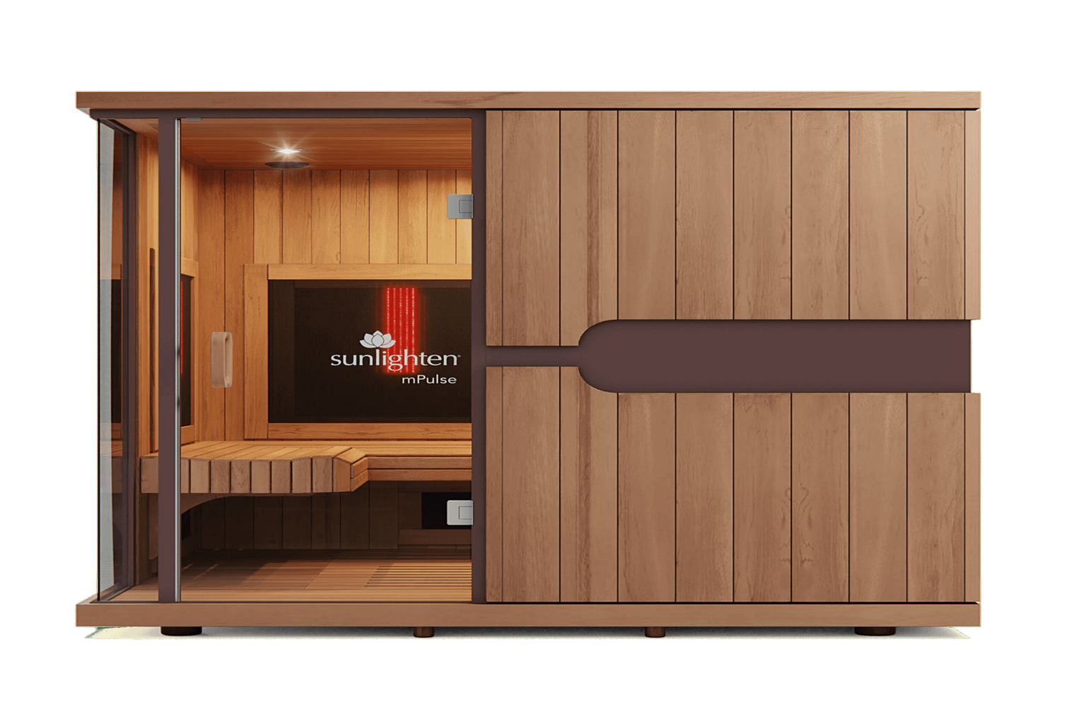 Sunlighten infrared sauna cabin with a glass front and warm cedar-toned wood panels