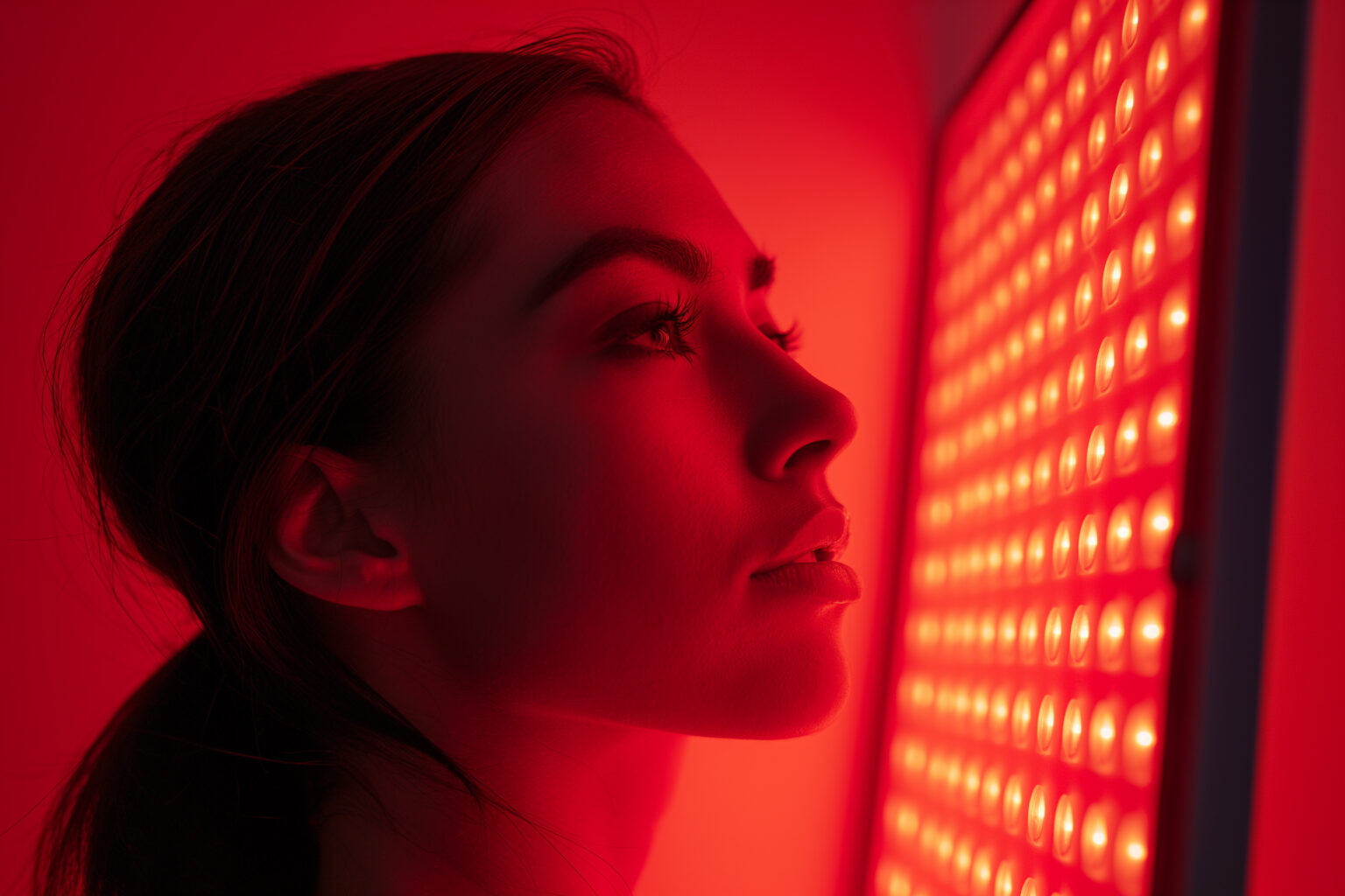 Woman in profile facing a panel of glowing red light therapy LEDs