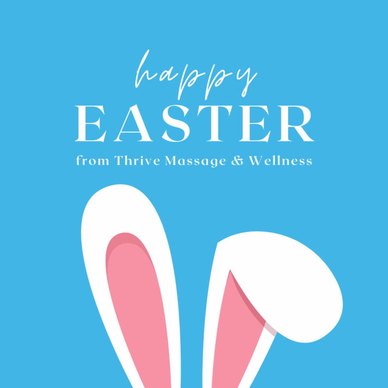 Happy Easter from Thrive Massage & Wellness graphic with bunny ears